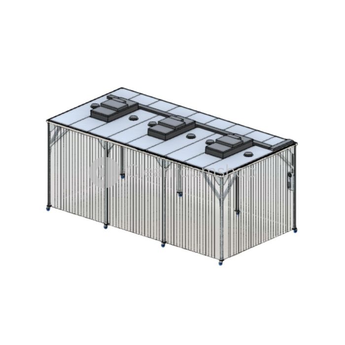 Predesigned prefabricated softwall cleanroom from Connect 2 Cleanrooms and Cleanroomshop, ISO class 7, on castors for easy mobility, 6m x 3m in size.