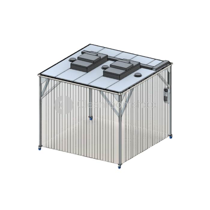 A predesigned softwall cleanroom from Connect 2 Cleanrooms with dimensions 3m x 3m x 2.5m available with castors