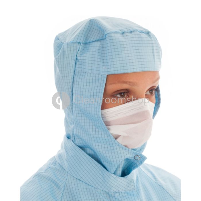Operator wearing a blue coverall and the BioClean Microflow Face Veil