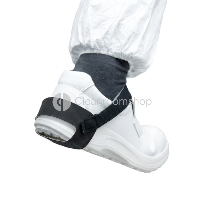 A black heel grounder placed over a cleanroom shoe