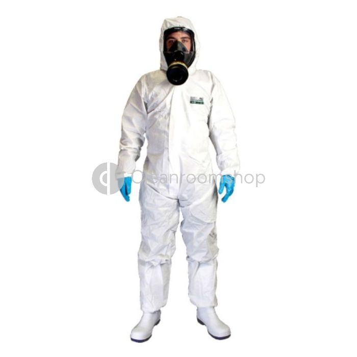 Chemsplash coverall with blue gloves and face mask