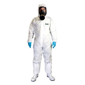 Chemsplash coverall with blue gloves and face mask